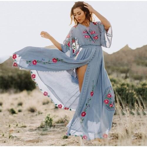 Jastie Boho Embroidered Dress O-Neck Batwing Sleeve Loose Women Dresses Casual Beach Maxi Dress 2019 Summer Dresses Vestido