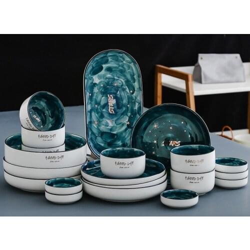 Blue Ocean Bone China Ceramic Gold Inlay Plate Steak Food Plate Nordic Style Tableware Bowl Ins Dinner Dish Dinnerware Set