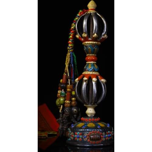 12"Tibet Temple Collection Old Tiantie Engraved Tracing Nine-legged artifact Dorje Vajra Phurpa gem Base set Town House Exorcism