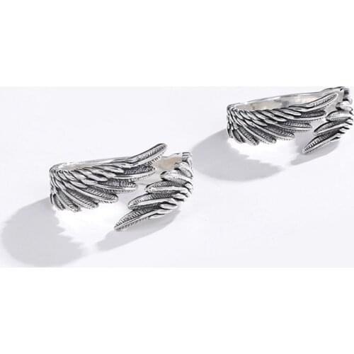 Fashion Mens and Womens S925 Silver Vintage Angel Wings Personality Open Rings Drop Shipping TJ-204