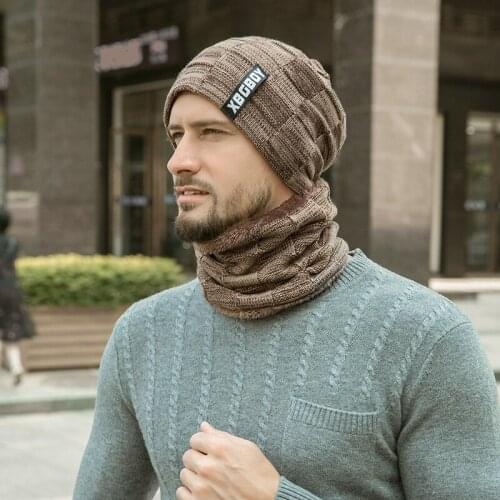 Men Winter Thicken Plus Velvet Knit Hat Scarf Set Outdoor Earmuffs Beanie With Neck Cover gorras hombre KZ199