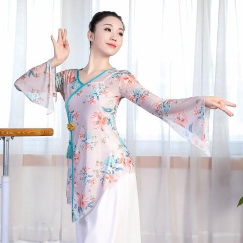 New Womens Classical Dance Practice Clothes Modern Dance Performance Clothing Chinese Pants Gauze Shirt Blossom Print Pink 3XL