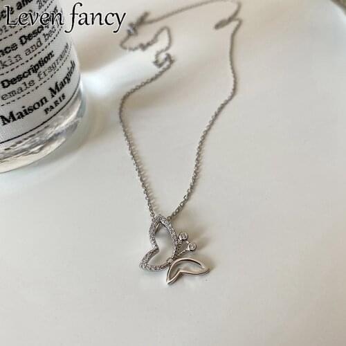 925 Sterling Silver Necklace Zircon Butterfly Pendant Necklace For Women Asymmetric Butterfly Necklace Fine Jewelry 925 Korean
