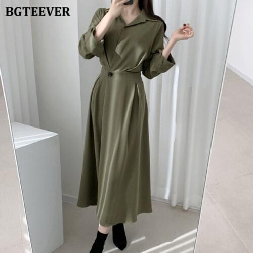 BGTEEVER Chic Turn-down Collar Solid Women Dresses Slim Waist Full Sleeve Summer Female Dress Vintage A-line Vestidos Femme 2021