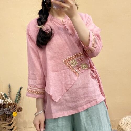 QPFJQD Ladies Thin Patchwork Ramie Blouse Tops Spliced Stand Collar Women 2021 Embroidered Summer Ramie Shirts