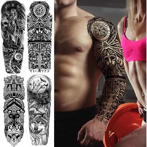 Sexy temporary tattoos man large black fake tattoo sleeves full arm body stickers totem clock wolf tattoo designs for men boy