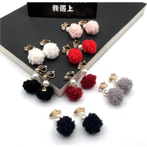 GRACE JUN 2018 New Rhienstone Pearl Clip on Earrings No Pierced for Women Gorgeous Fluffy Fur Ball Needn't Ear Hole Earrings