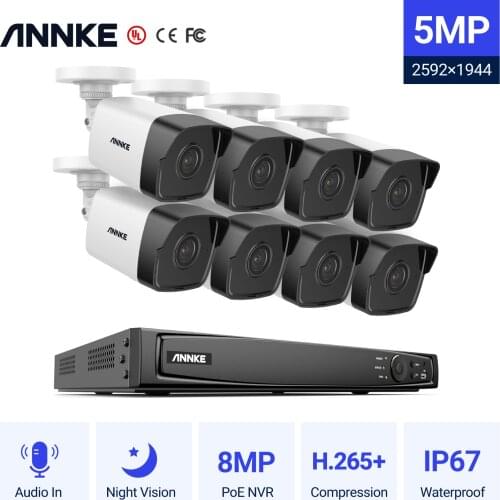 ANNKE 16CH FHD 5MP POE Video Security System H.265+ 8MP NVR With 8X 5MP Weatherproof Surveillance POE Cameras With Audio Record