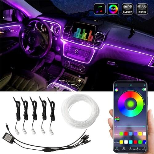 Led Car Interior Light Strip EL Neon Wire RGB Multiple Modes App Sound Control Auto Atmosphere Decorative Ambient Lamp