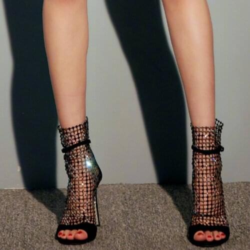 Gladiator 2020 Women Mesh Pumps Open Toe Summer Short Boots Ankle Strap Crystal Hollow Out Sandals High Heels Shoe Zapatos Mujer