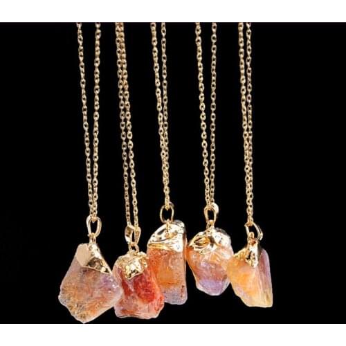 FYJS Unique Jewelry 10 Pcs Light Yellow Gold Color Irregular Shape Citrines Crystal Pendant Rose Pink Quartz Necklace