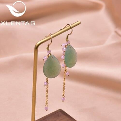 XlentAg Natural Aventurine Quartz Long Drop Tassel Earrings Fish Hook 925 Sterling Silver Earrings For Women Fine Jewelry GE0086