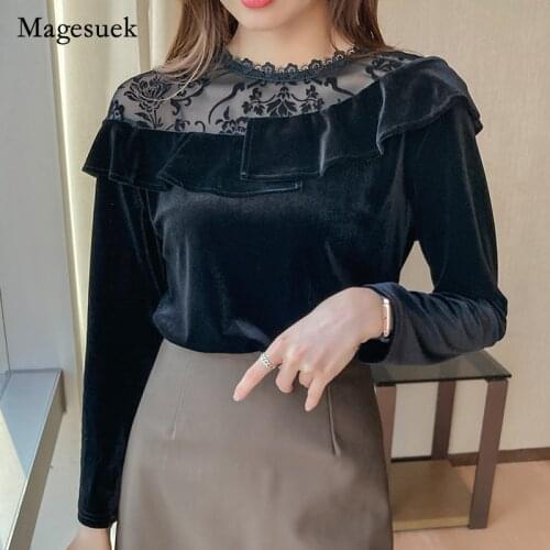 Vintage 2021 Autumn Spring New Fashion Black Velvet Tops Elegant Women Long Sleeve Blouse Sexy Lace Up Mesh Blouse Blusas 16720