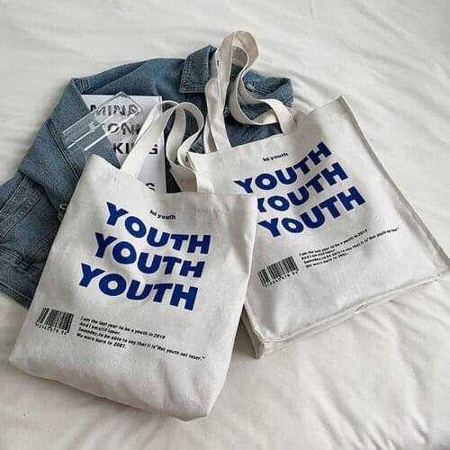 Women Canvas Shopping Bag Cotton Cloth Shoulder Bag Eco YOUTH Letters Print Handbag Tote Reusable Grocery Shopper Bags