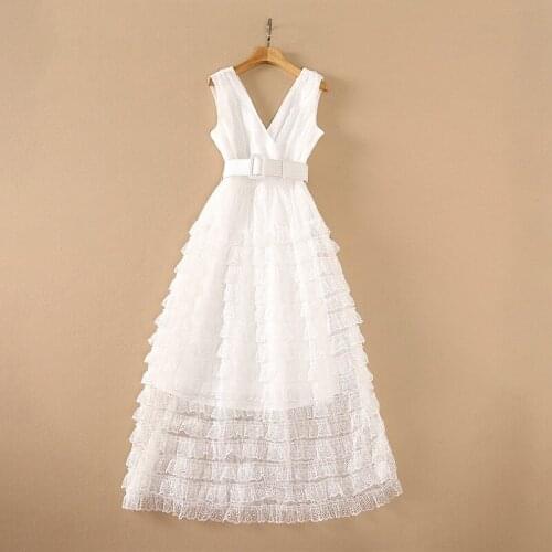 Europe and the United States womens clothing New Summer 2021 Sleeveless V-neck belt with polka-dot mesh Fashion dress