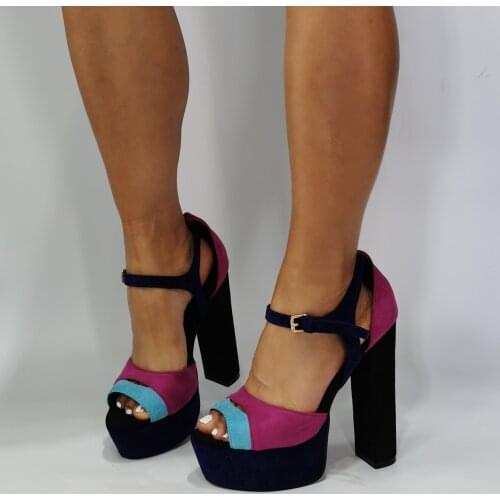 New High Platform Multicolor Suede Chunky High Heels Dress Party Shoes Woman Peeptoe Cut Out Ankle Strap Sandal