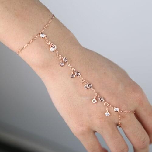 Aesthetic Bead Cz Bracelet with Finger Ring Gold Link Wrist Chain for Women Lady Trendy Aesthetic 2021 Jewelry