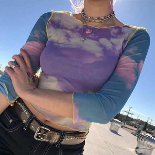 Blue sky cloud print mesh Top women Crop Tops Y2K transparent casual summer Crop Tops patchwork sexy tee shirt femme Camiseta