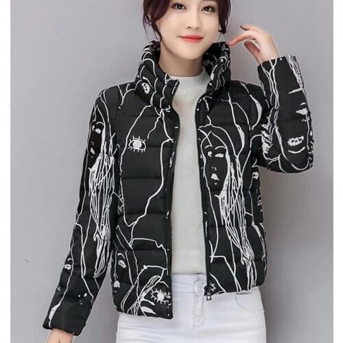 Winter Polyester Womens Down Jacket Stand Collar Long Sleeve Pockets Cardigan Slim Print Thick Fashion Office Lady Down Jacket