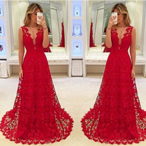 Hirigin Elegant Women Deep V-neck Floral Lace Hollow Out Long Maxi Dress Evening Formal Party Prom Ball Gown Red Vestido