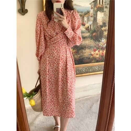 Elegant Office Woman Midi Dress Spring Summer Floral Print Long Sleeve Sashes Dresses YOU440