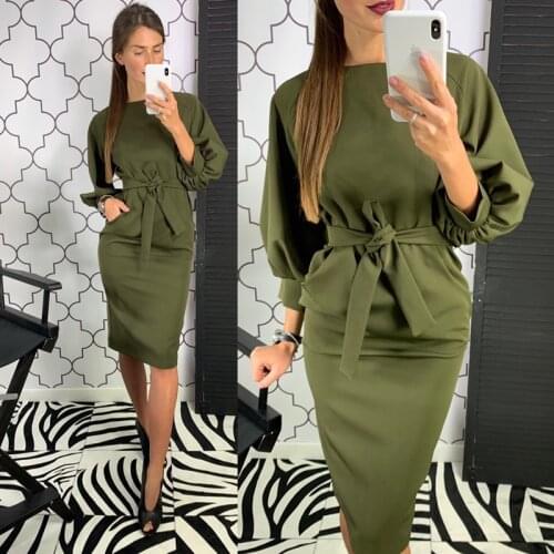 Women Vintage Lantern Sleeve Sashes Party D ress Long Sleeve O neck Solid Sheath Elegant Casual Dress 2019 Autumn Fashion Dress