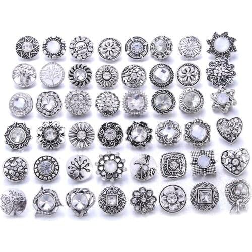 10pcs/lot Wholesale Snap Jewelry Mixed White Rhinestone Flower Metal Charms 18mm 20mm Snap Button Jewelry for Snaps Bracelet