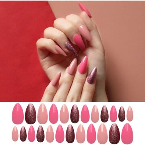 24pcs Fake Nail Art Design With Nail Adhesive Glue Tab Press On Nail Tips Sharp End Solid Color Fnished Nail Art Adhesive