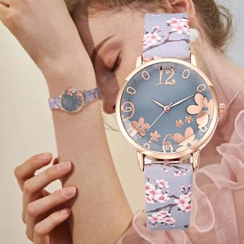 Fashion Floral Bracelet Leather Stripe Dial Watches for Women Stylish Quartz Wristwatch Luxury Ladies Dress Clock reloj mujer