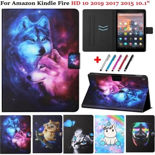 For Fire HD10 Case HD 10 2019 2017 PU Leather Unicorn Cat Flip Wallet Stand Cover for Amazon Kindle Fire HD 10 Tablet Case +Pen