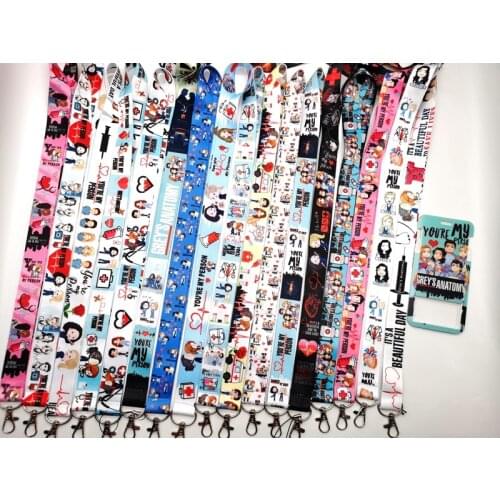 Hot Sale! 10 sets Greys Anatomy Doctors nurse Lanyard Neck Strap Card Bus ID Holders With Key Chain
