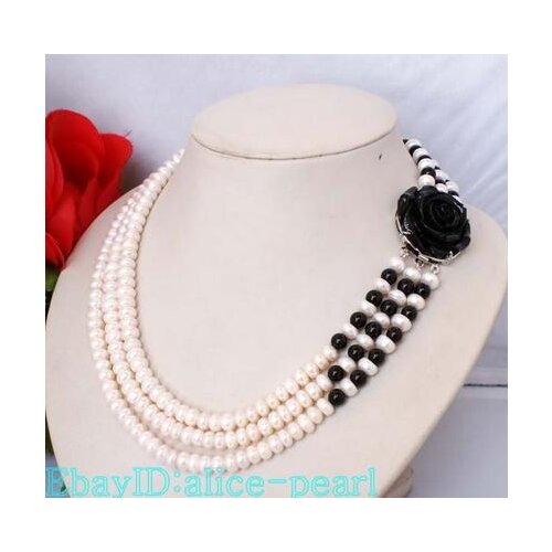 Luck Jewelry Women Wedding Pearl Necklace Fashion 3 Strands White Freshwater Pearl Black Agates Resin Flower Necklace