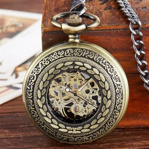 Retro Engraved Mechanical Pocket Watch Bronze Steampunk Hollow Dial Roman Numerals Fob Hand Watch With Chain For Men Women Gift
