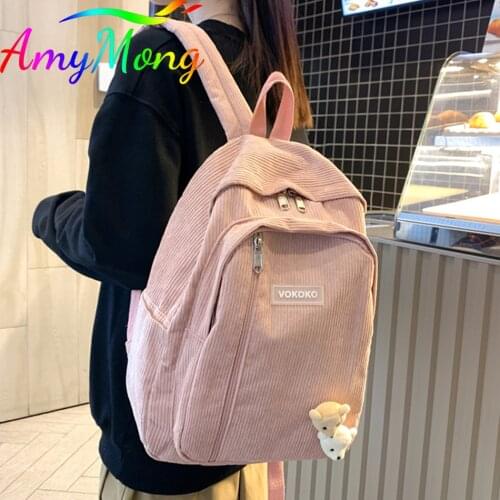 Cute Stripe Corduroy Woman Backpack Purses School Bag for Teenage Girls Female Travel Bagpack Kawaii Student Book Bag Back Pack