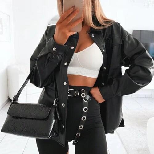 Fashion Streetwear Black PU Leather Coats Women Cardigan Buttons Trend Womens Biker Jacket Long Sleeve Solid Leather Clothes