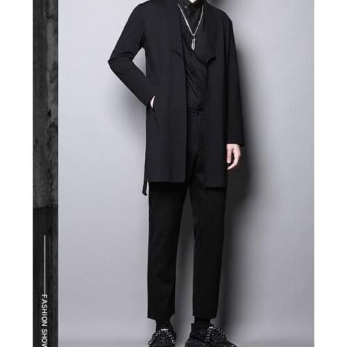 Spring mens new solid color lapel button-free design sense of long cardigan trench coat mens fashion trend long sleeve coat