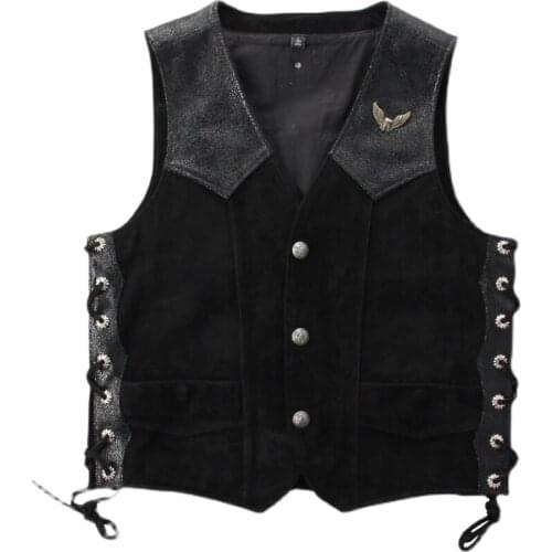 Skull Tassel Motorcycle Biker Leather Vest Mens Punk Rock Genuine Leather Sleeveless Jackets Cowhide Woollen Cloth Patchwork