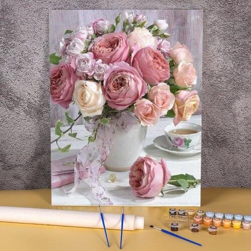 Flower Rose Paint By Numbers Kit Oil Paints 40*50 Canvas Pictures Decorative Paintings For Kids For Wholesale