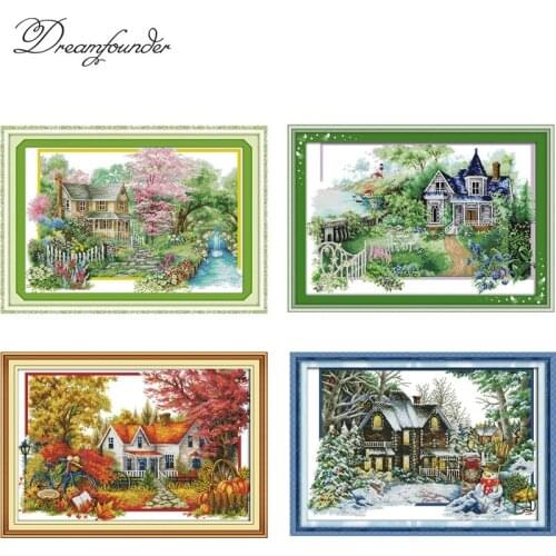 4 SEASON house cross stitch kit aida 14ct 11ct count print canvas hand sew cross-stitching embroidery DIY handmade needlework