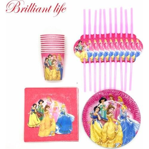 New Arrival Disney Six Princess Theme 50pcs/lot Girl Birthday Party Pink Paper Cup Plate Straw Event Party Cartoon Napkin Supply