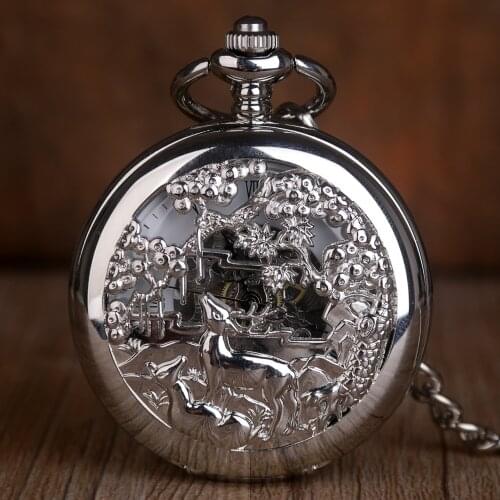 New Creative Deer Animal Mechanical Pocket Watches Men Hollow Steampunk Silver Pocket Watches with FOB Chain Mens Womens Clock