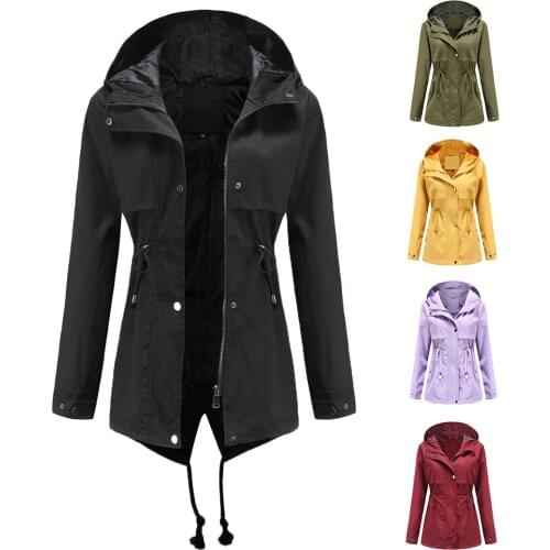 Autumn Women Jackets Waterproof Outwear Solid Color Hooded Long Hooded Defined Waist Outdoor Streetwear Windproof Trench C2741