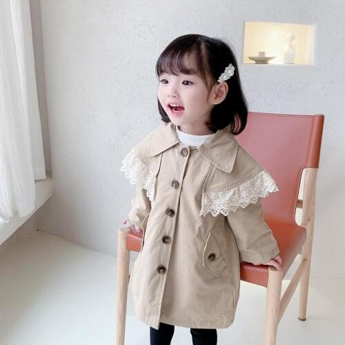 New Fashion Baby Girl Trench Coat Solid Color Lace Ruffles Windbreaker Long Coat Children Casual Clothes Jackets Outerwear