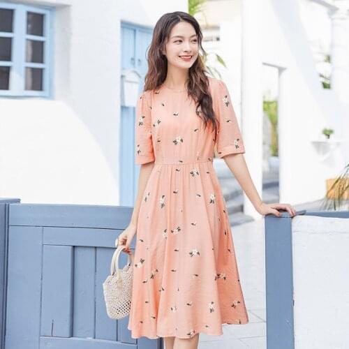 INMAN Summer Elegant Cute Little White Flower Floral Print Nipped Waist Umbrella Japanese Style Half Sleeve Lady Dress