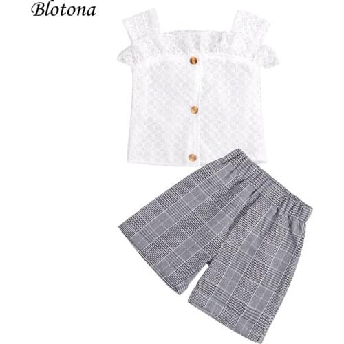 Blotona Sweet Little Girls Casual 2Pcs Clothes Set, Summer White Square Collar Vest and Plaid Printed Pattern Shorts, 1-6Years