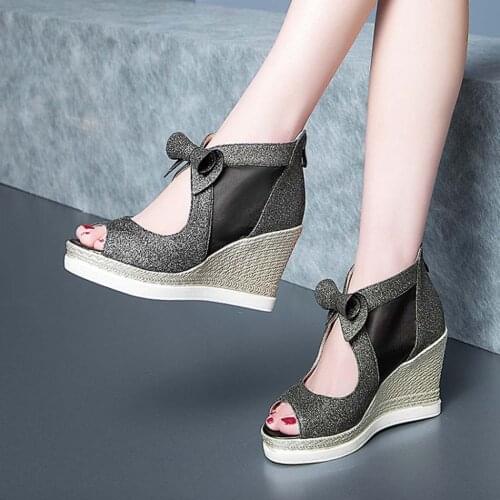 Wedges Platform Flip Flops Bow Open Toe Sandals Platform Bottom Open Toe Shiny Bow Wedge Sandals Босоножки На Платформе 2021 New