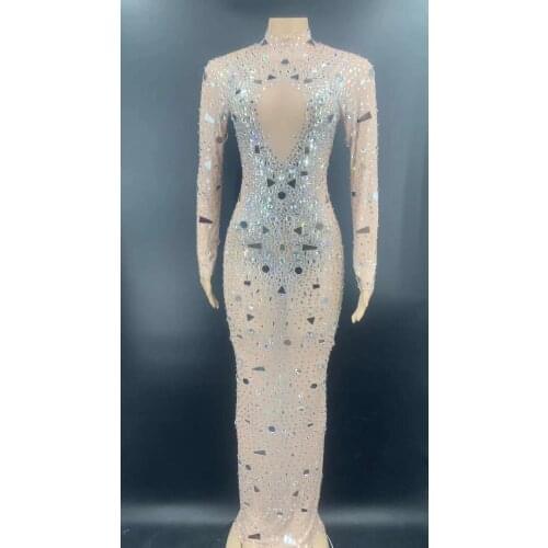 Sexy Mesh Perspective Mirrors Rhinestones Celebrite Party Birthday Long Dress Women Bar Nightclub Outfit Singer Show Stage Wear