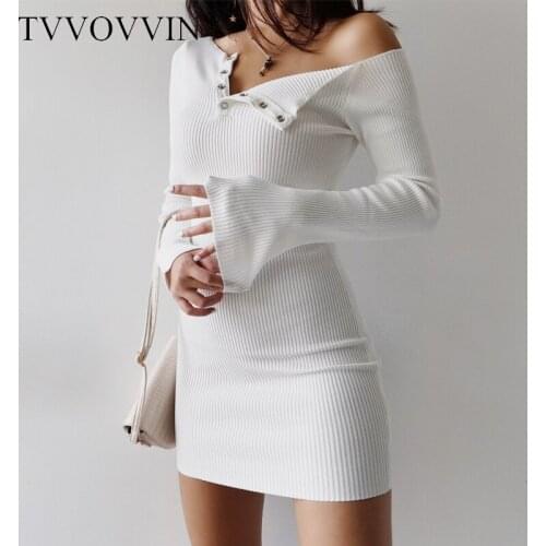 TVVOVVIN Autumn Winter New Base Fold Sexy Strapless Women Button Front Knit Mini Dress Bodycon Dresses DZU3