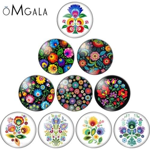OMGALA Polish Folk Art Patterns Classical Flower Print 12mm/14mm/16mm/18mm/20mm/25mm Glass Cabochon Flat Back Making Findings