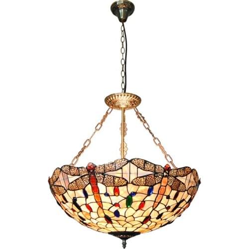 22 Inch European Tiffany Style Stained Glass Pendant Light Classic Retro Dragonfly Decorative Hanging Lamp For Dining Room PL727